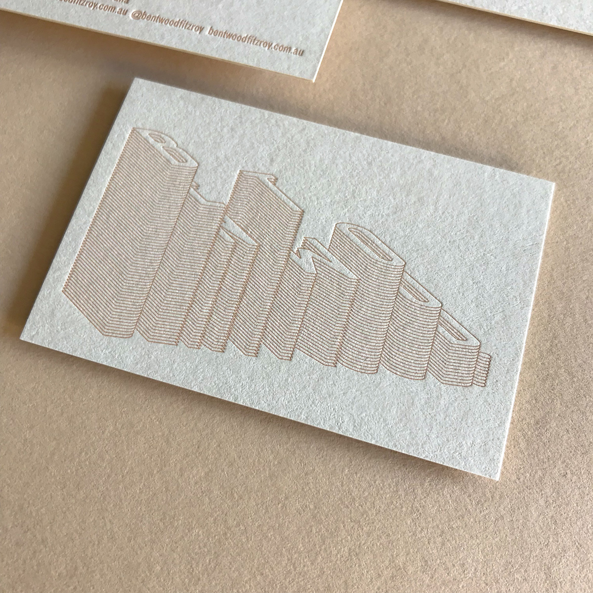 Custom letterpress business cards for Bentwood on Colorplan Mist 3