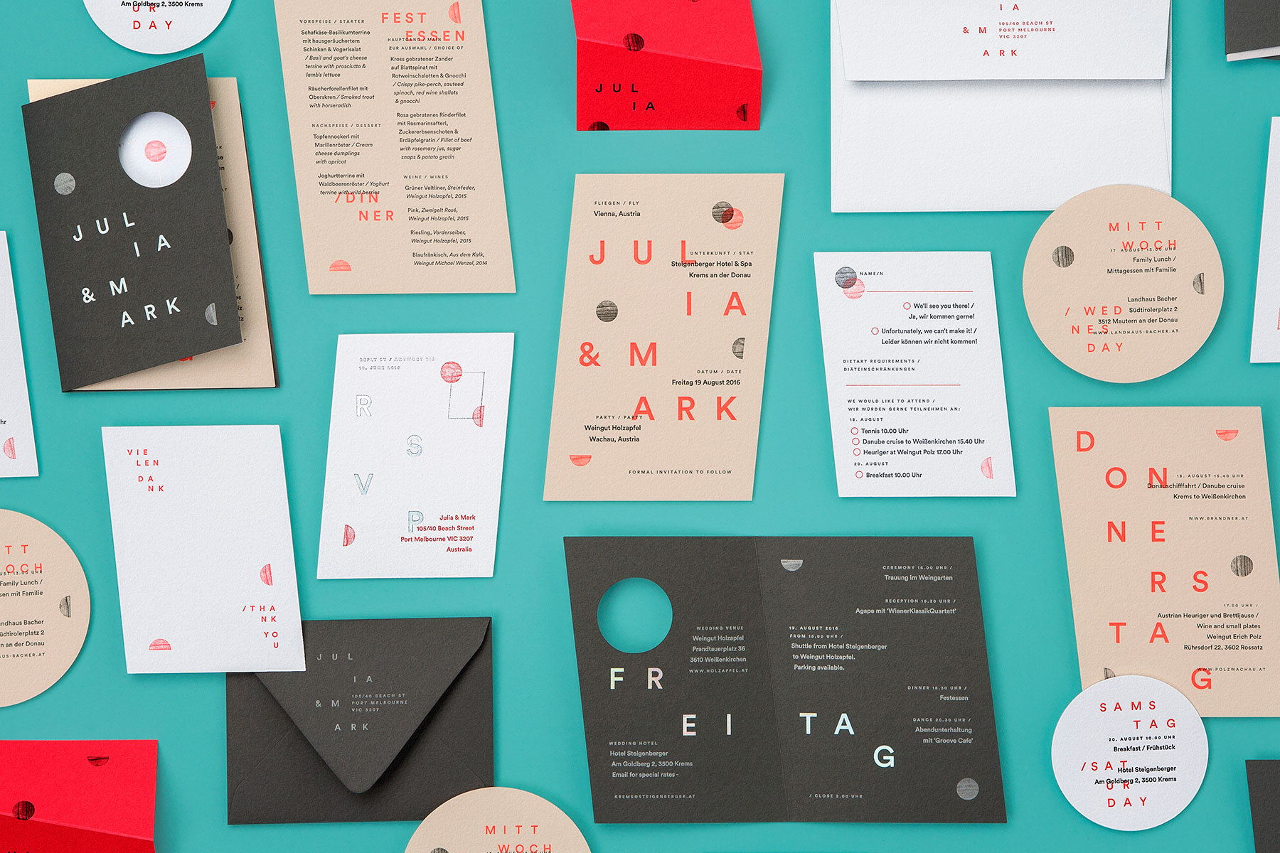 Modern minimalist flat lay wedding invitations for Julia and Mark on Colorplan