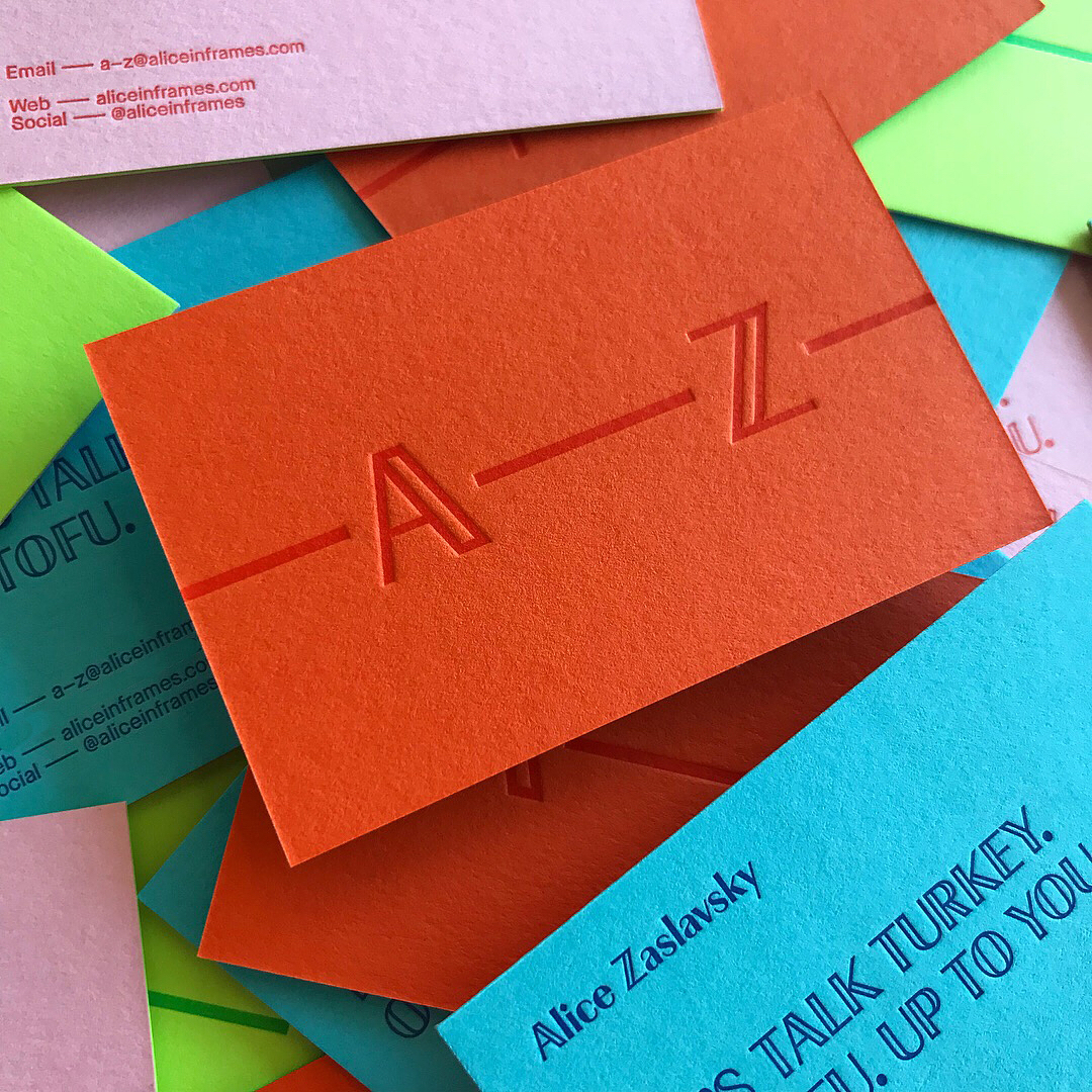 Duplex Letterpress Business Cards for Alice In Frames on Colorplan 1