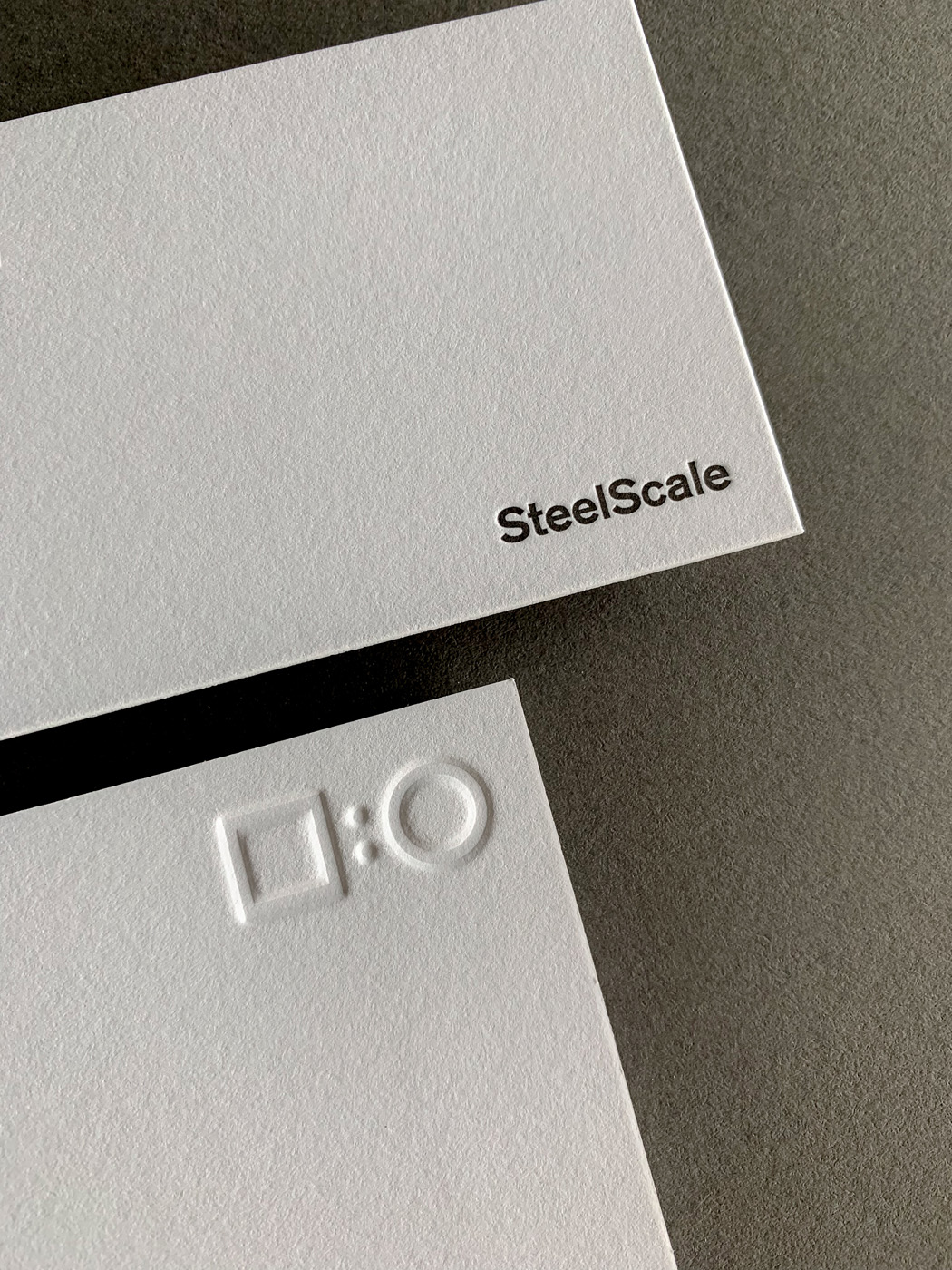 Embossed debossed letterpress business cards for SteelScale on Savoy 2
