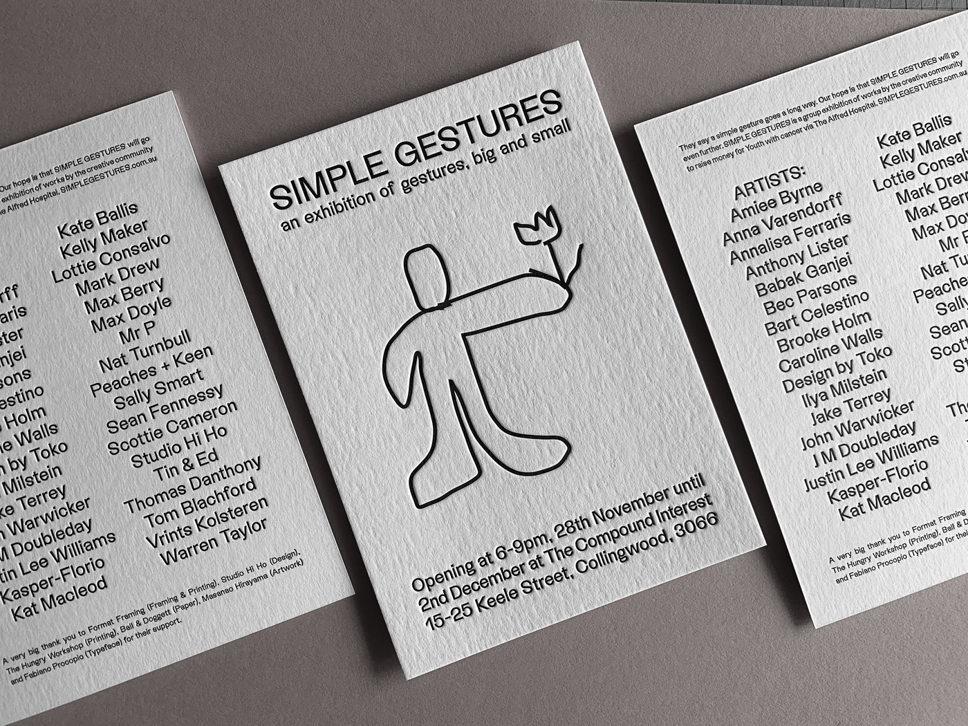 Exhibition promotional postcards letterpress printed for Simple Gestures on Wild 1