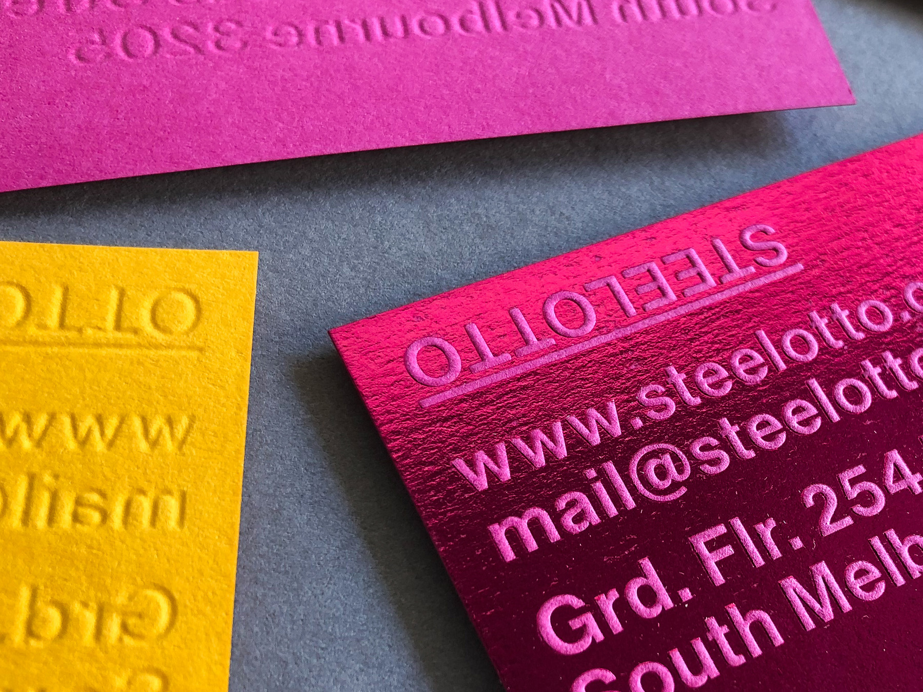 Foil business cards embossed for Steeletto Business Cards on Colorplan 1