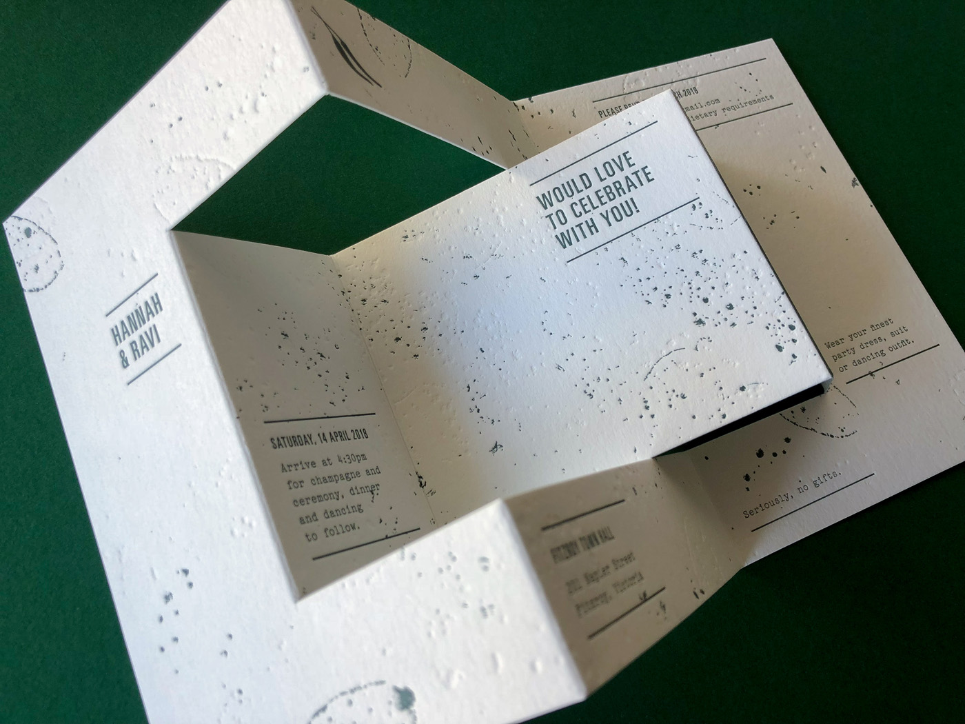 Unique papercraft wedding invitations letterpress printed and design in Australia for Hannah and Ravi on Wild 5