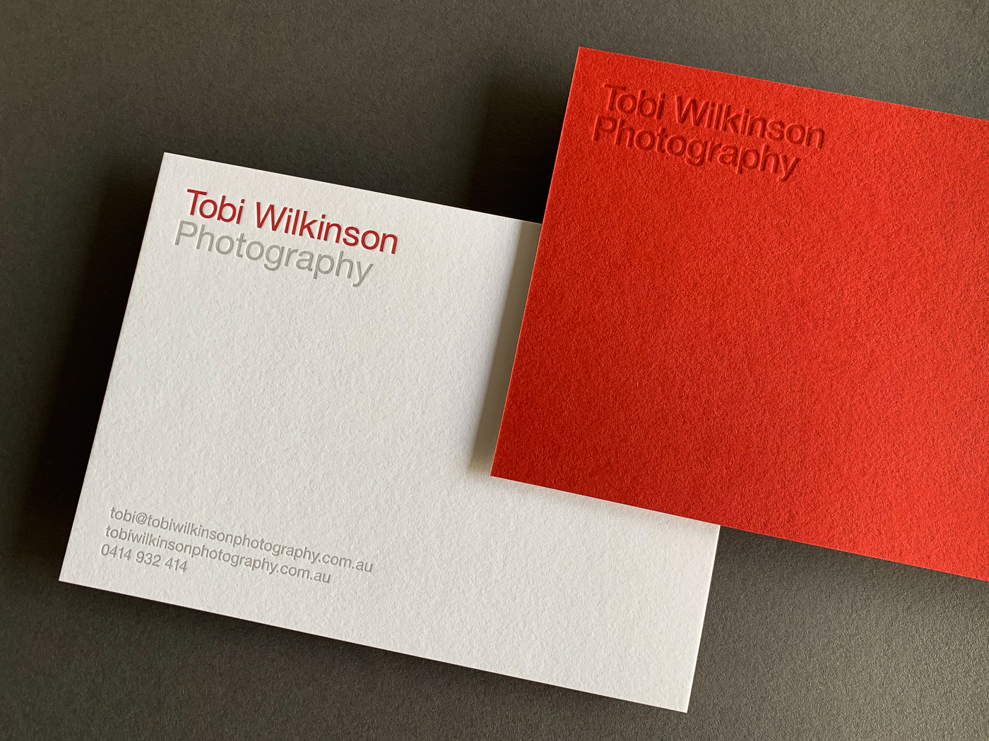 With compliments cards letterpress printed for Tobi Wilkinson on Colorplan Vermilion duplexed to Colorplan Pristine White 4