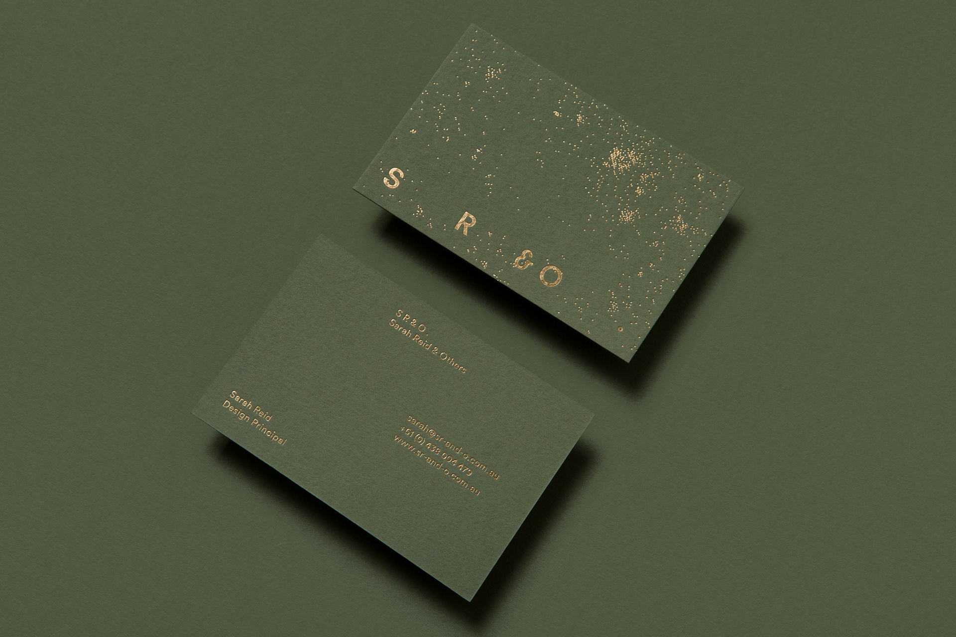 Foil stamped business cards for SR&O by Pop & Pac on Colorplan Mid Green 540gsm