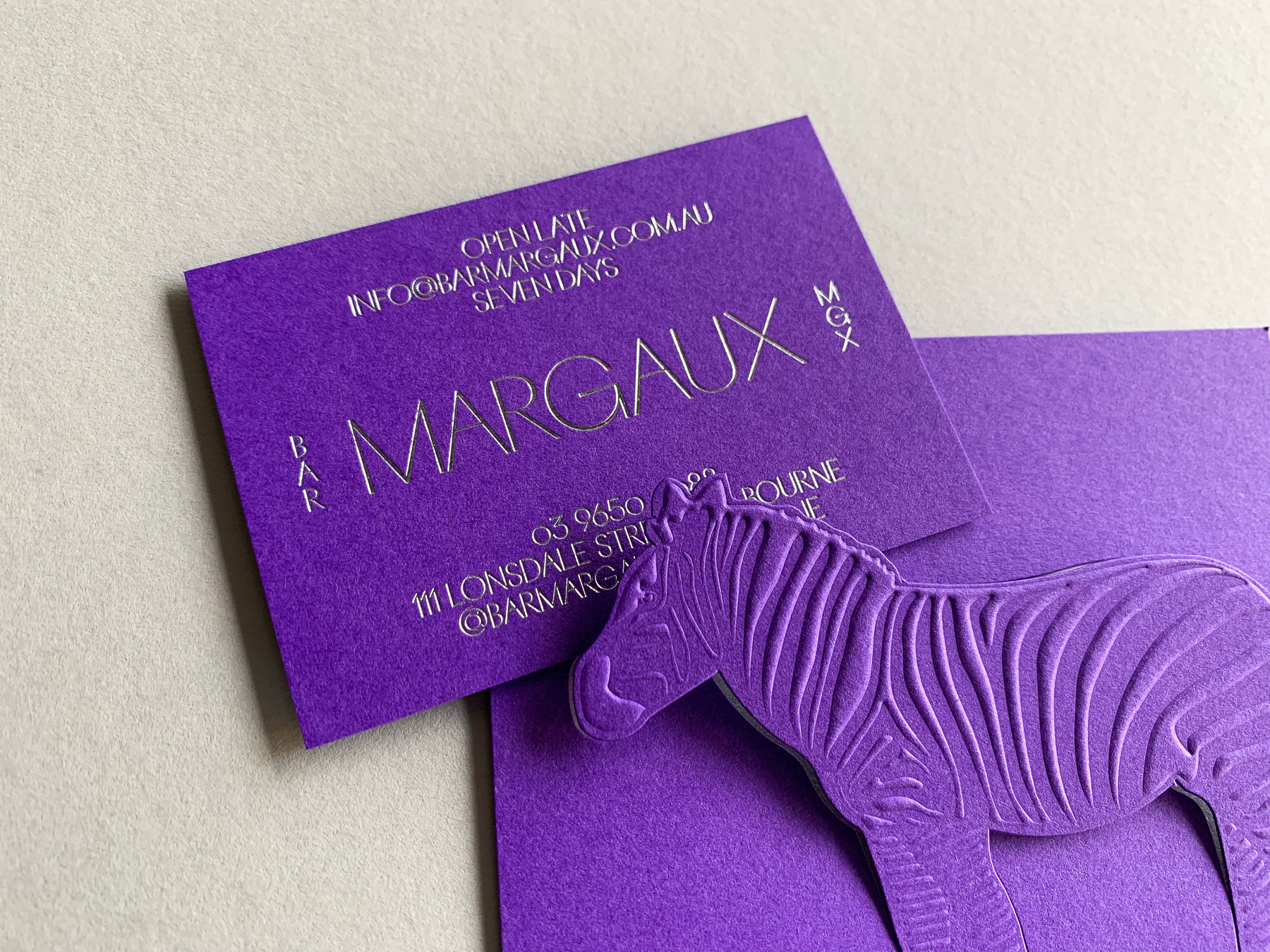 Foil business cards and embossed bill folds for Bar Margaux on Colorplan Purple 270gsm 2
